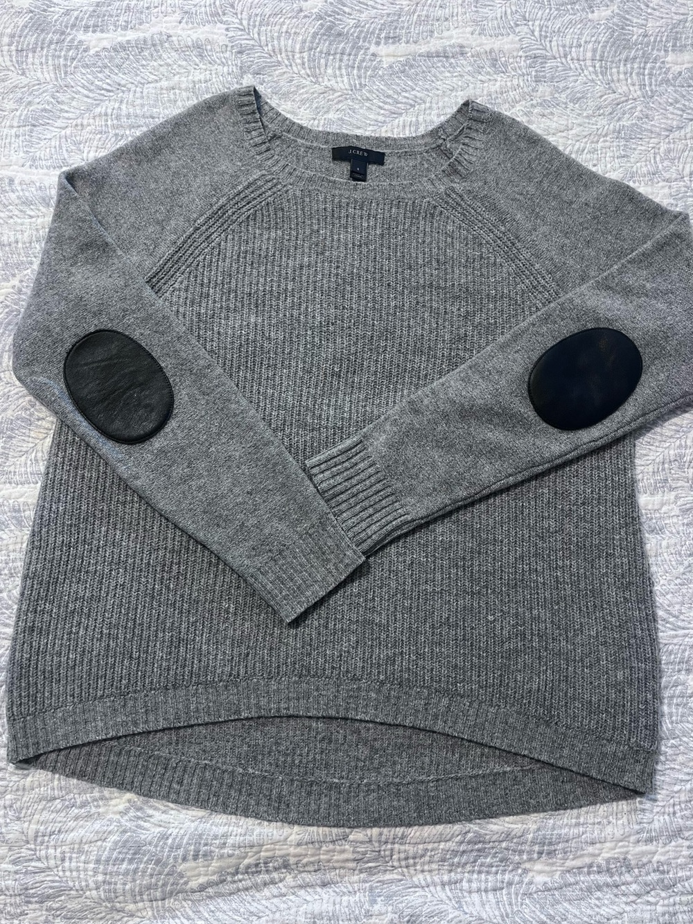 J. Crew Gray 100% Wool Ribbed Sweater w/ Real Leather Elbow Patches - Size S